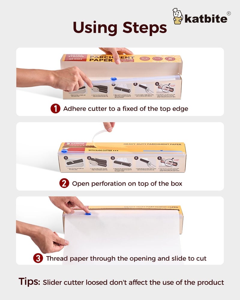 katbite لفافة ورق البرشمان كاتبايت للخبز، عبوة 2 من 15 بوصة × 210 قدم، ورق طهي ثقيل للخبز، الكعك، غير لاصق للفرن، المقلاة الهوائية، البخار، مكبس الحرارة مع 2 قطعة من قاطع الانزلاق - Image 4